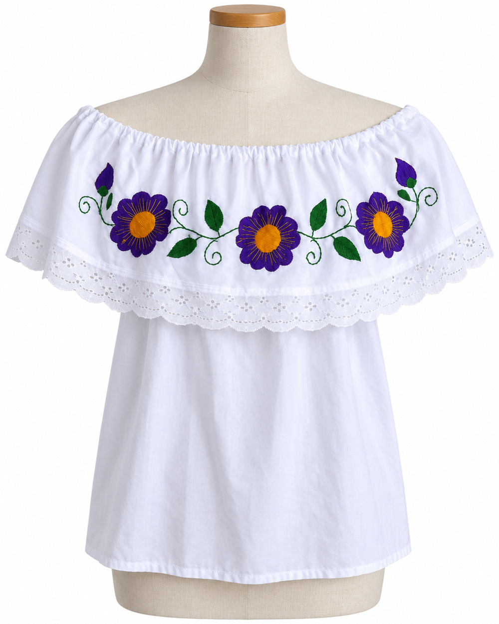 Women's L White Off Shoulder Floral Hand Embroidered Peasant Blouse Eyelet Lace